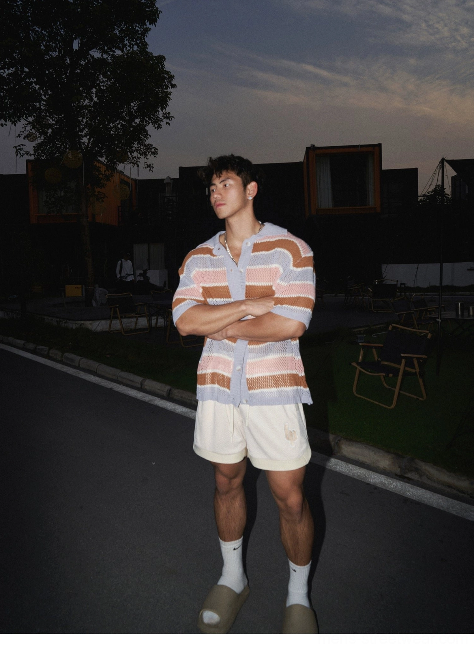 Apricot casual mesh athletic shorts styled with a horizontal stripe short sleeve shirt for a relaxed summer streetwear look