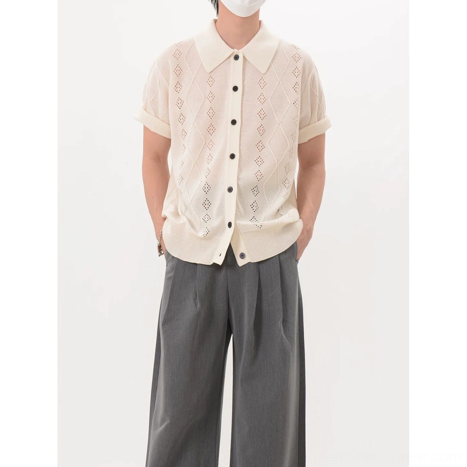 Apricot openwork argyle knit polo cardigan product image featuring breathable lattice texture and relaxed fit