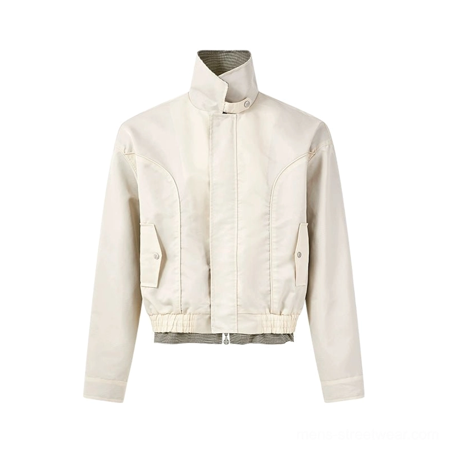 Apricot plaid-lined cropped Harrington jacket product view with contrast lining and classic relaxed blouson shape