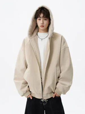 Apricot plush lined hooded bomber jacket shown from the front with the hood up, dropped shoulders, ribbed cuffs, and relaxed Korean streetwear fit