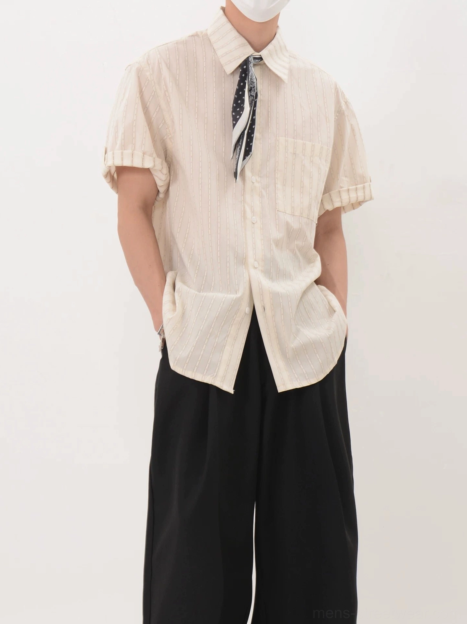 Apricot men's relaxed short sleeve button-up shirt with matching paisley scarf, textured woven fabric, and loose streetwear silhouette