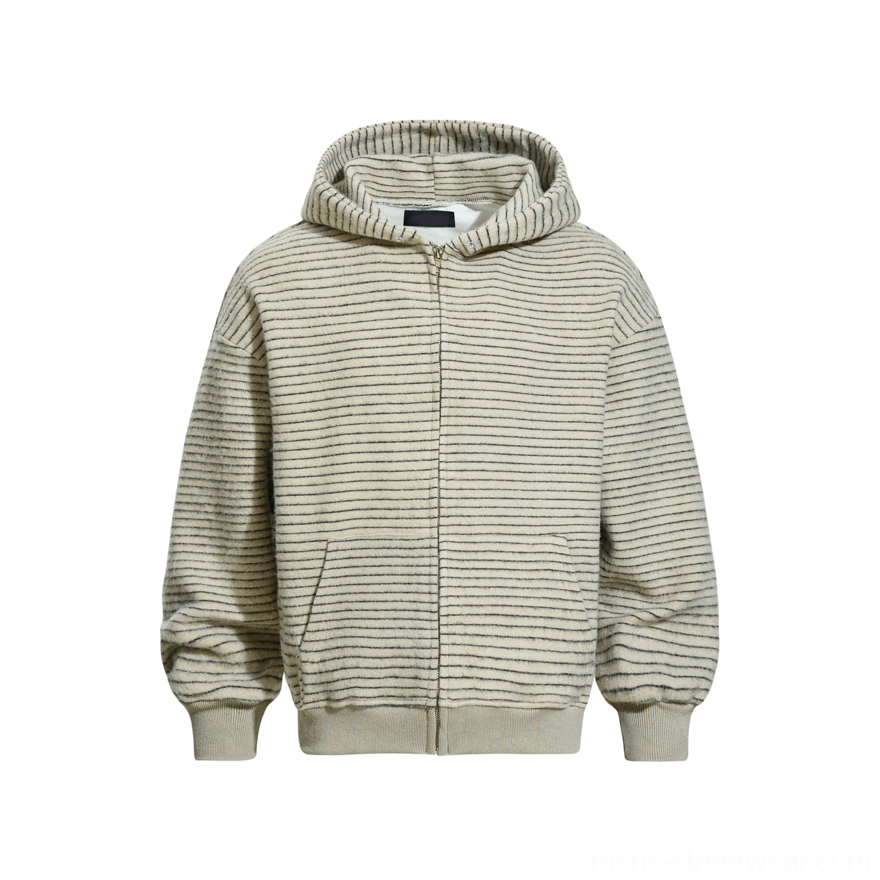 Apricot striped slouch zip hoodie front flat lay showing full zipper ribbed cuffs hem and front pocket