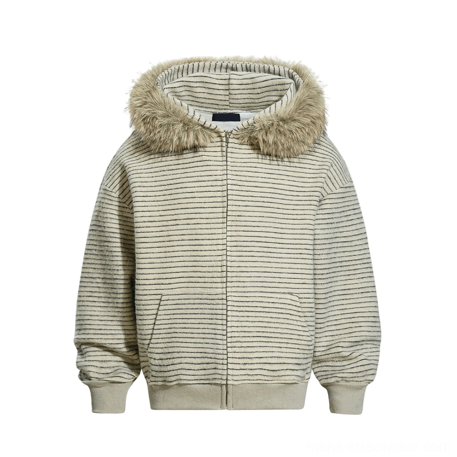 Apricot striped slouch zip hoodie with silver fox fur trim front view and ribbed streetwear details