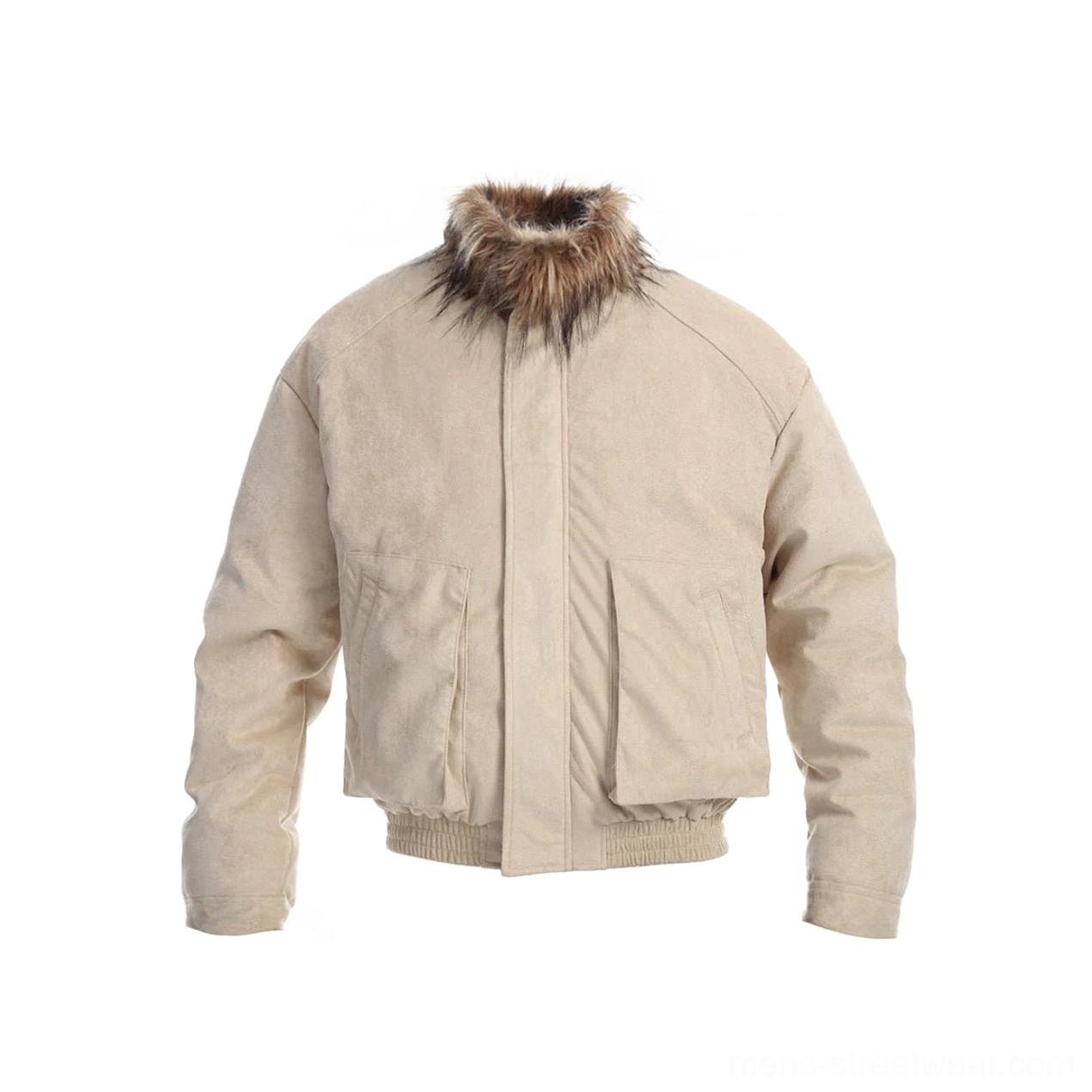 Flat lay front view of an apricot suede-look bomber jacket with plush brown faux fur collar and dual front patch pockets