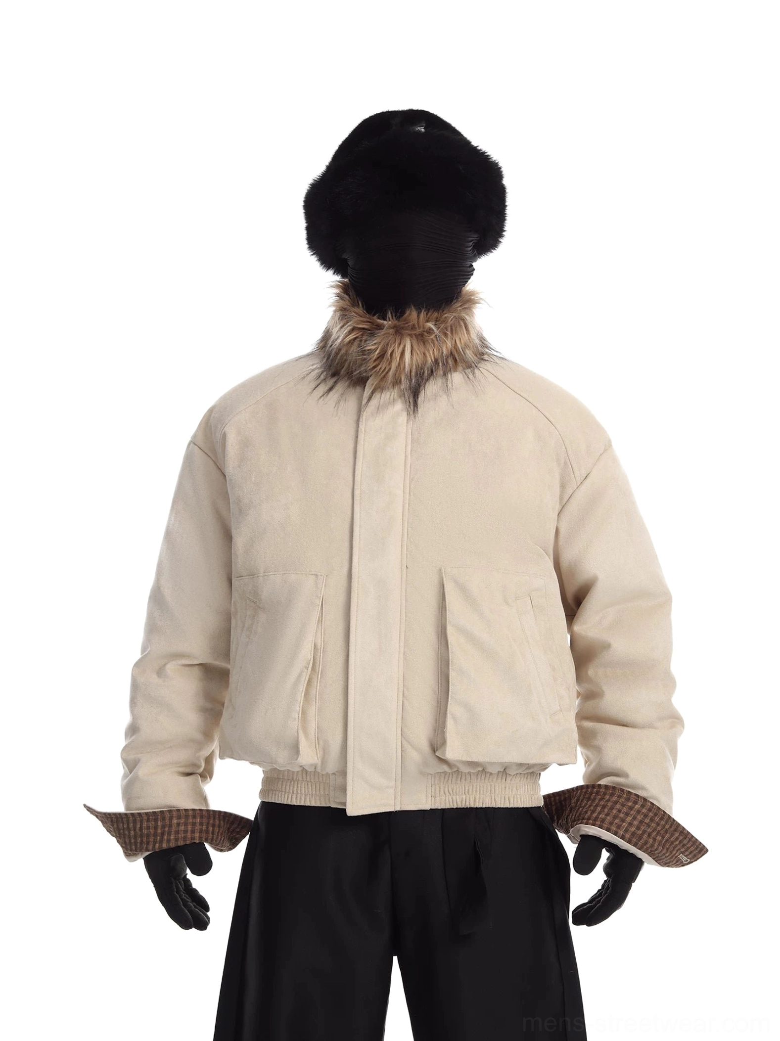 Apricot suede-look cropped bomber jacket with plush brown faux fur collar, front patch pockets, and elasticated hem styled with black trousers