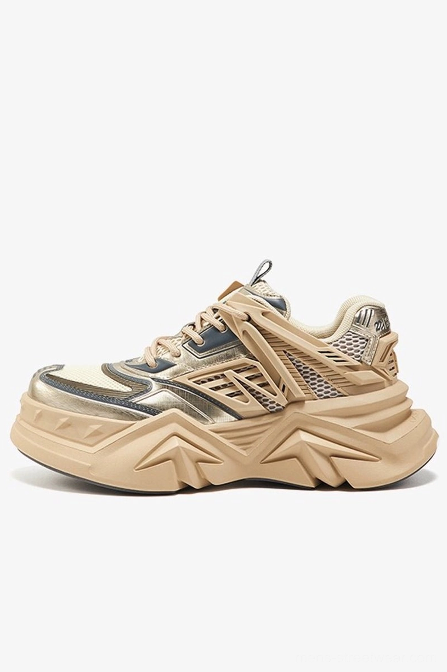 Apricot tan chunky dad sneakers with silver metallic toe detail breathable mesh panels and rugged sculpted sole