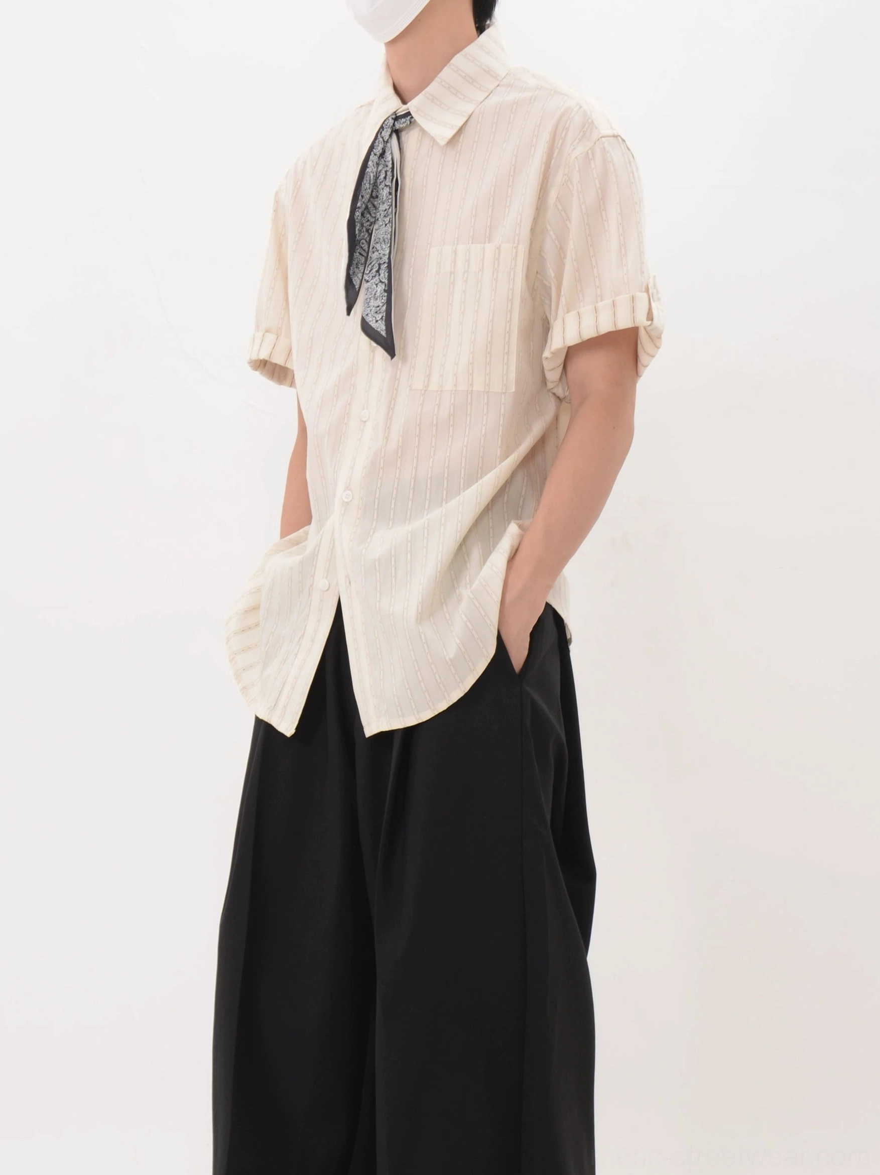 Apricot textured short sleeve button-up shirt with paisley neck scarf, loose fit, and modern Seoul fashion styling