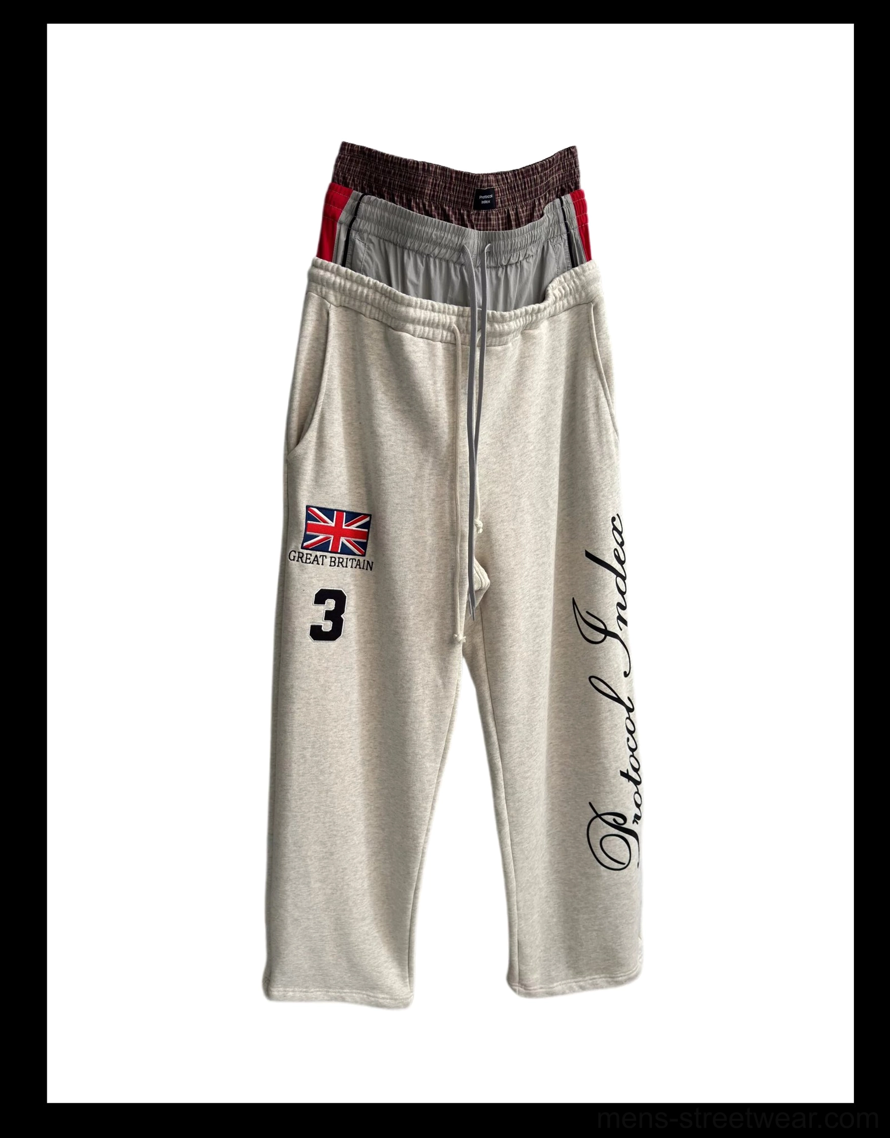 Apricot triple waist wide leg fleece sweatpants product view with layered waistband and graphic streetwear print