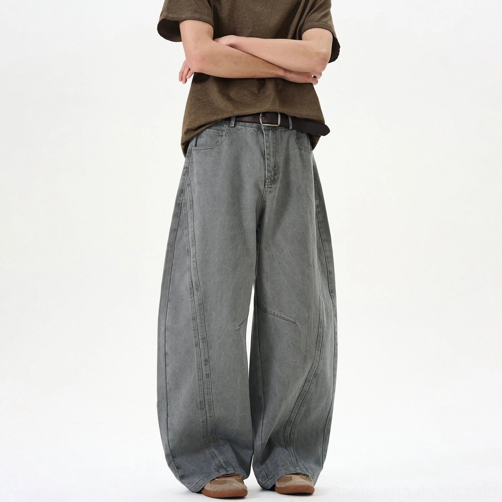 Cement ash arc seam ultra-wide washed denim balloon jeans oversized streetwear main product view