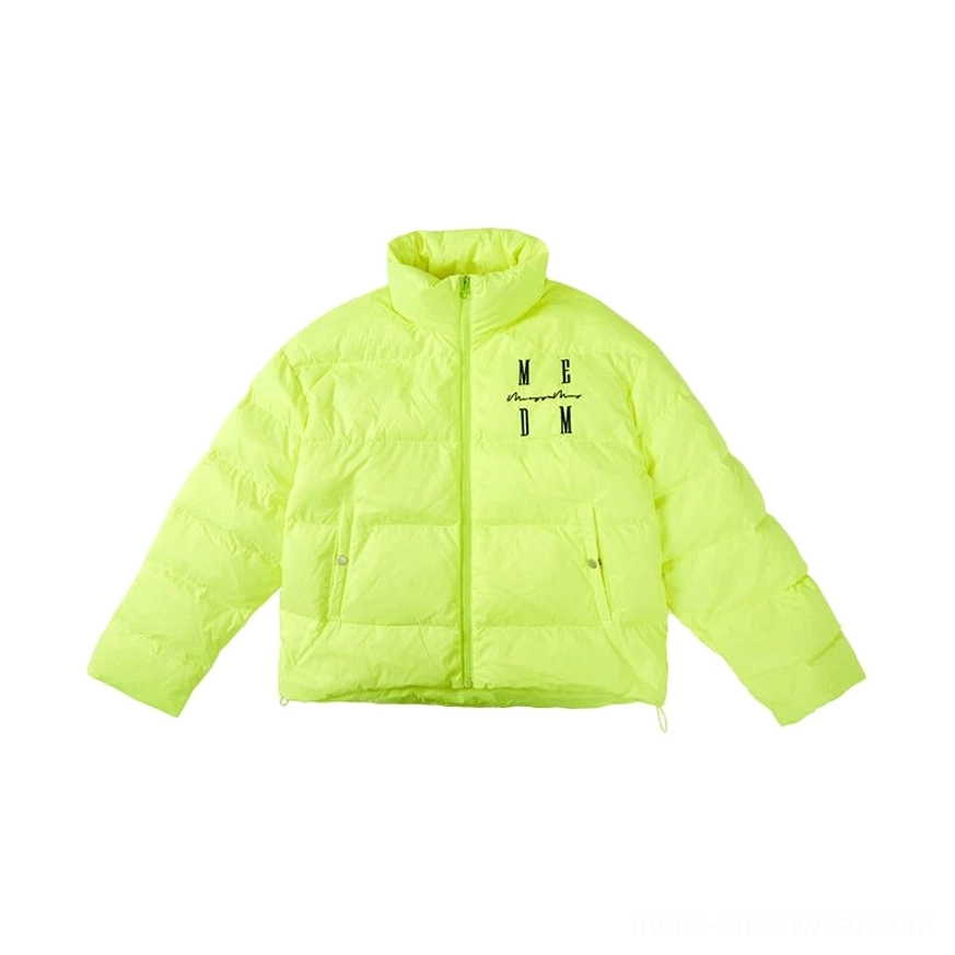 Fluorescent yellow Arctic Crest oversized duck-down puffer jacket variation with bold Seoul streetwear styling