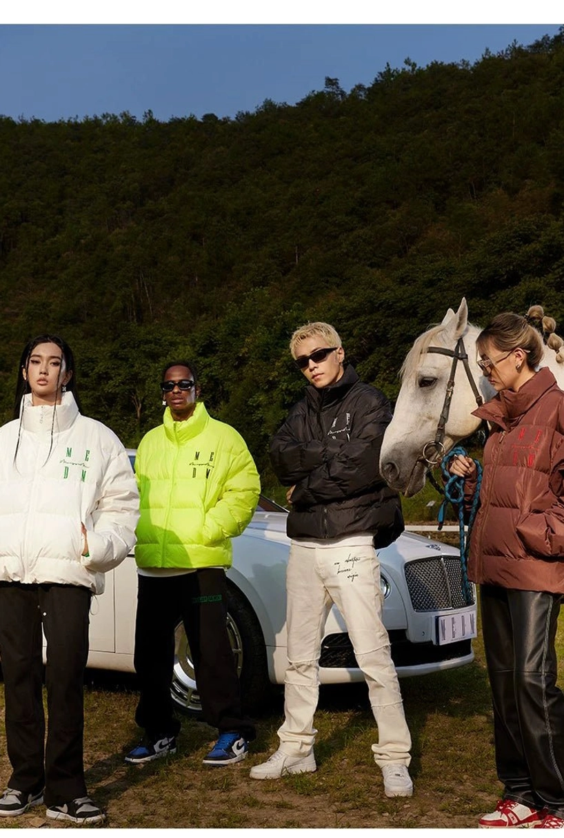 Oversized duck-down puffer jacket color collection featuring white fluorescent yellow black and brown streetwear styles