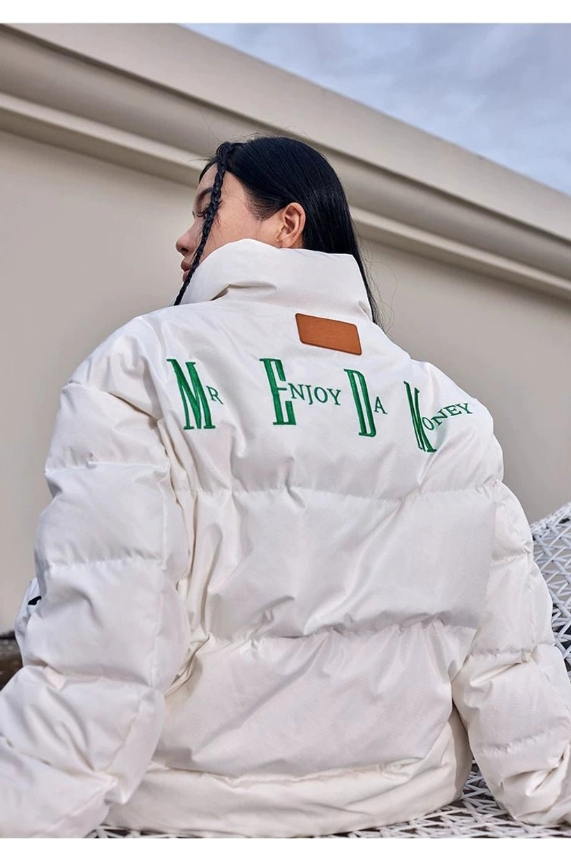 White quilted duck-down puffer jacket shown from the back with oversized streetwear silhouette and collar detail