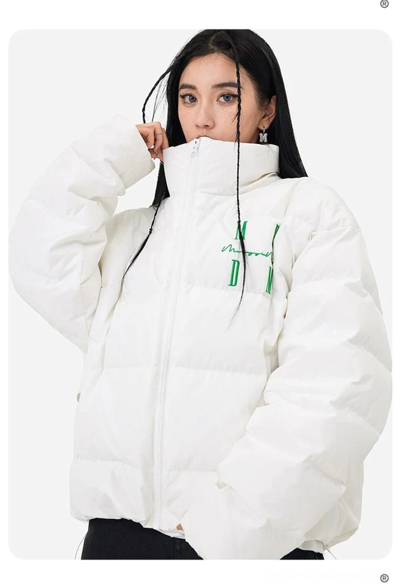 White relaxed oversized duck-down puffer jacket with high stand collar and clean Korean streetwear styling