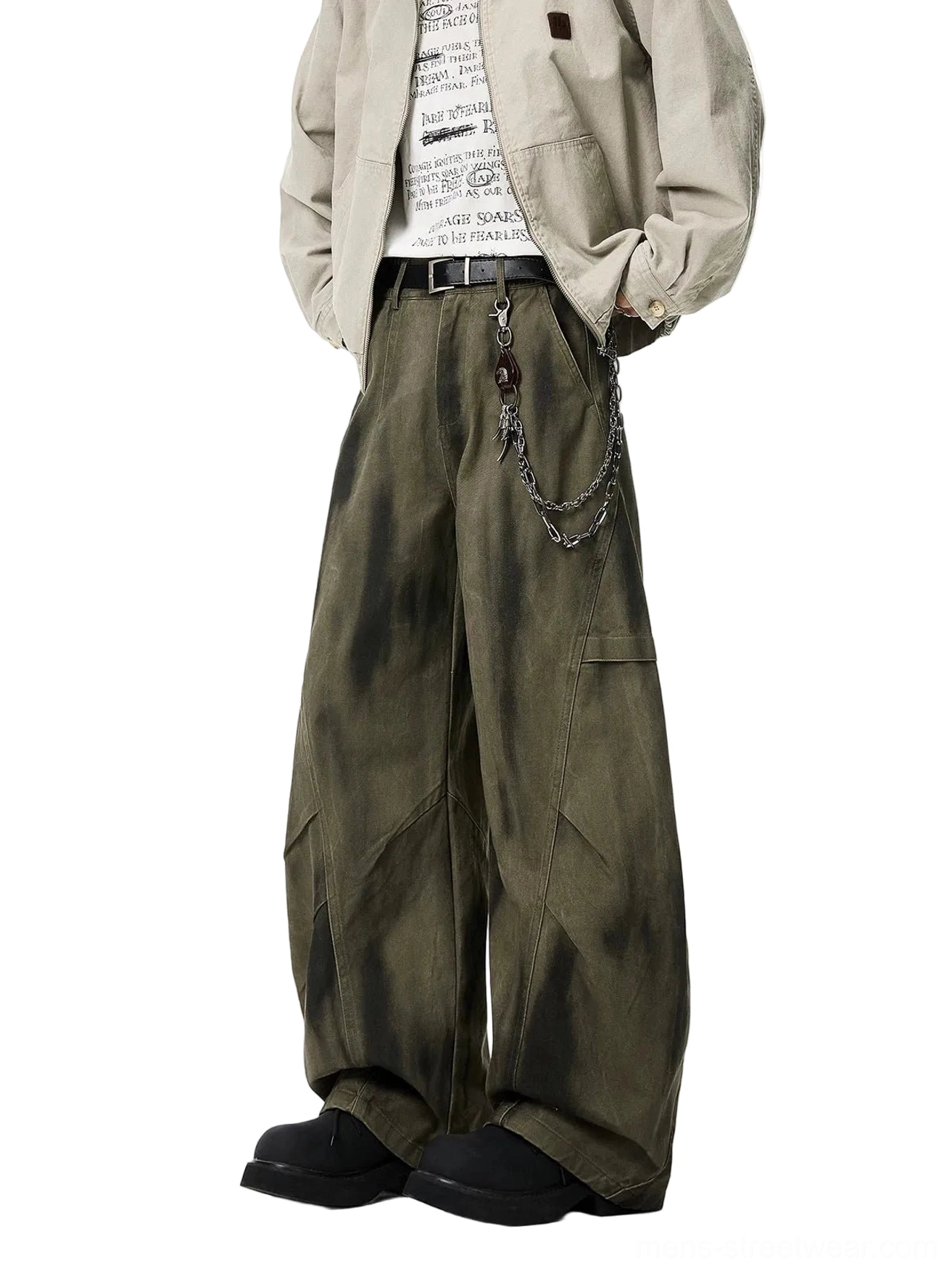 Army green faded tie-dye cargo wide-leg pants with side utility pocket, high waist, graphic tee, cropped beige jacket, and metal belt chain