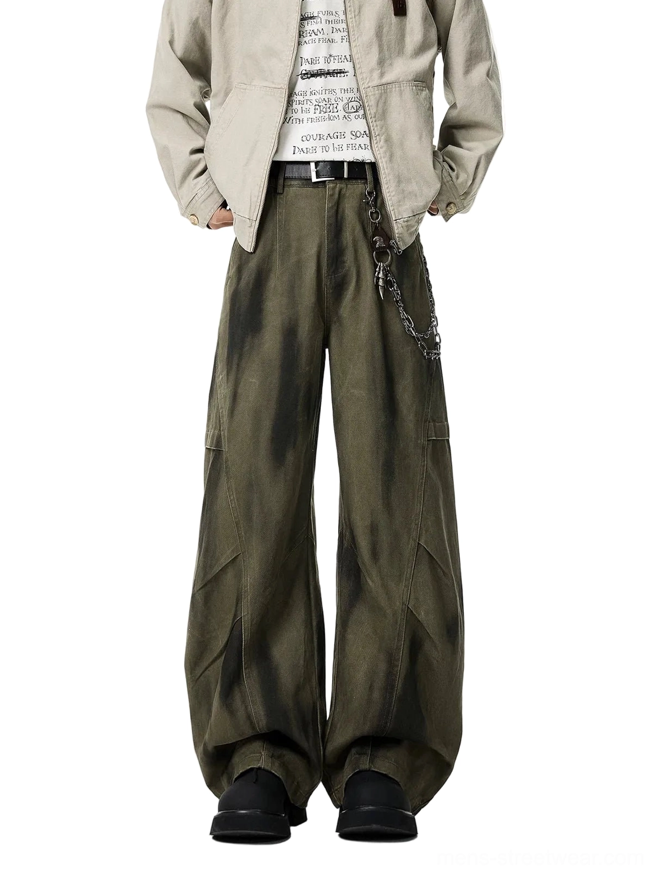 Army green tie-dye utility wide-leg trousers shown in a full front view with high-waisted fit, tailored seam details, and relaxed streetwear silhouette