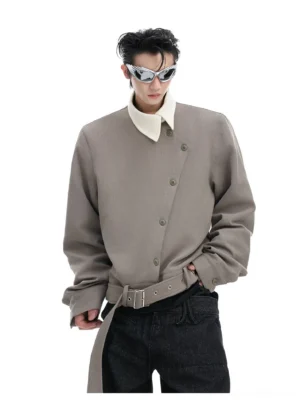 Men's ash asymmetrical belted jacket with wide off-white contrast collar shown from the front in Korean streetwear styling