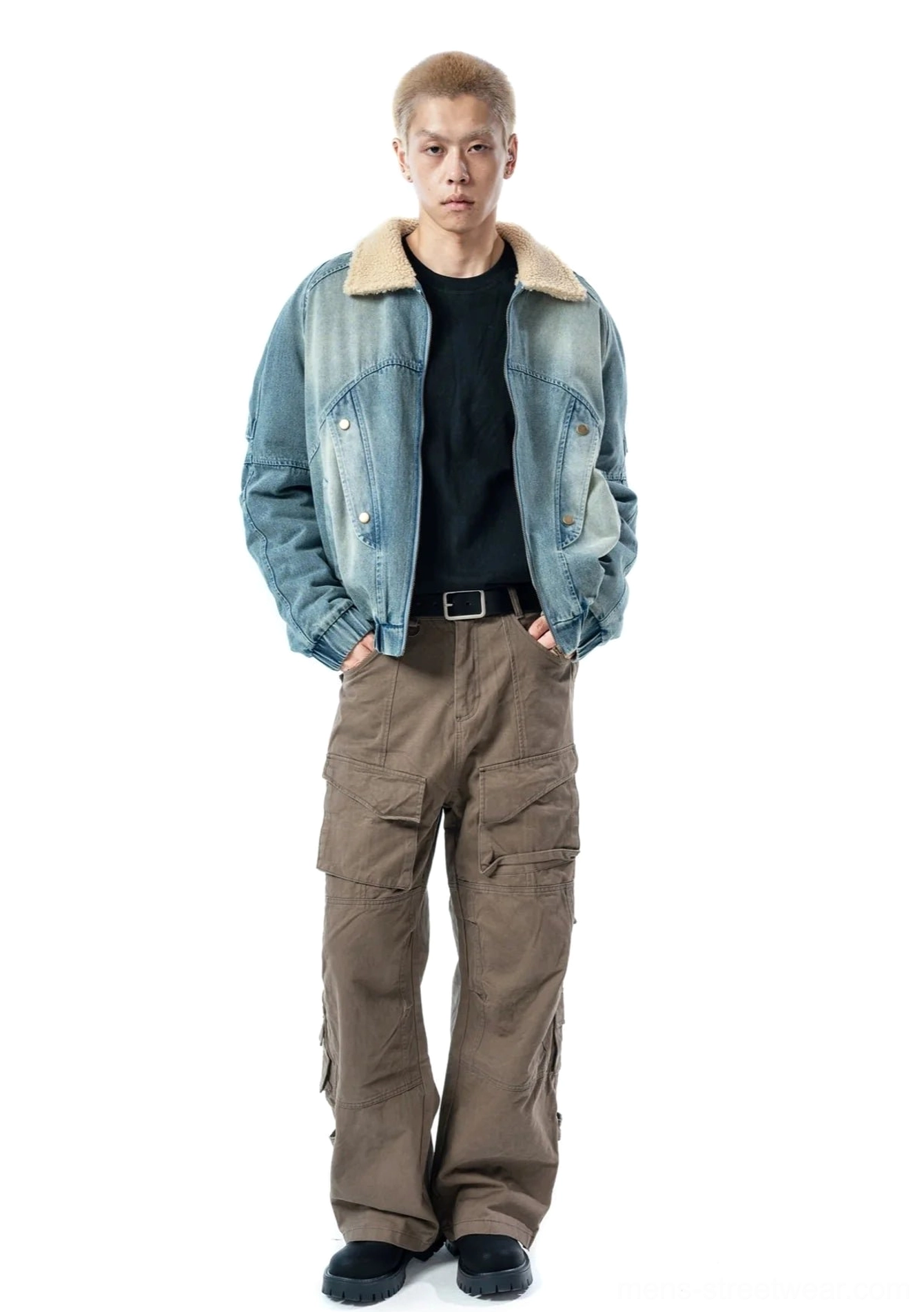 Ash blue denim bomber jacket front standing view with sherpa collar flap pockets and ribbed cuffs