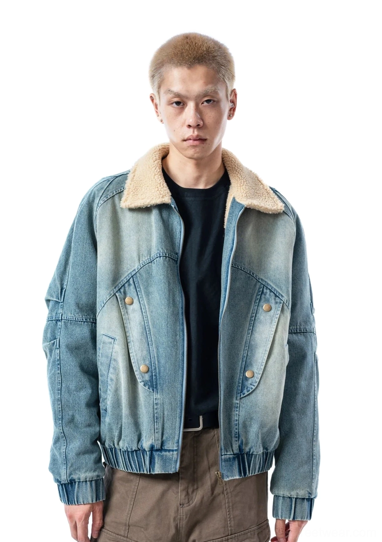 Ash blue sherpa collar denim bomber jacket front view showing faded wash flap pockets and elasticated hem