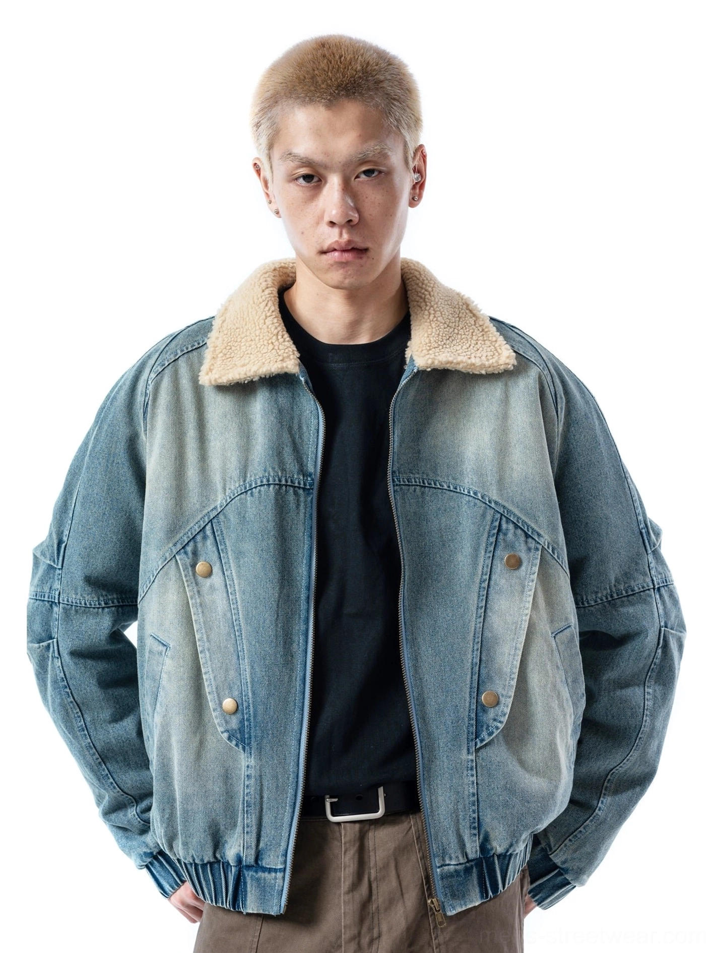 Ash blue sherpa collar washed denim bomber jacket front three-quarter view with relaxed oversized streetwear fit
