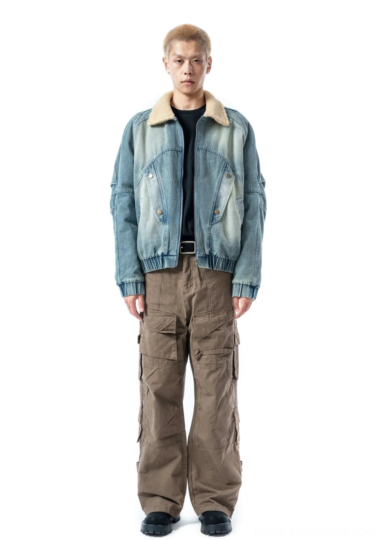 Full outfit styling of ash blue sherpa collar denim bomber jacket with brown wide-leg cargo pants