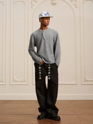 Ash grey textured Henley knit shirt for men shown from the front with three-button placket and ribbed long sleeve design