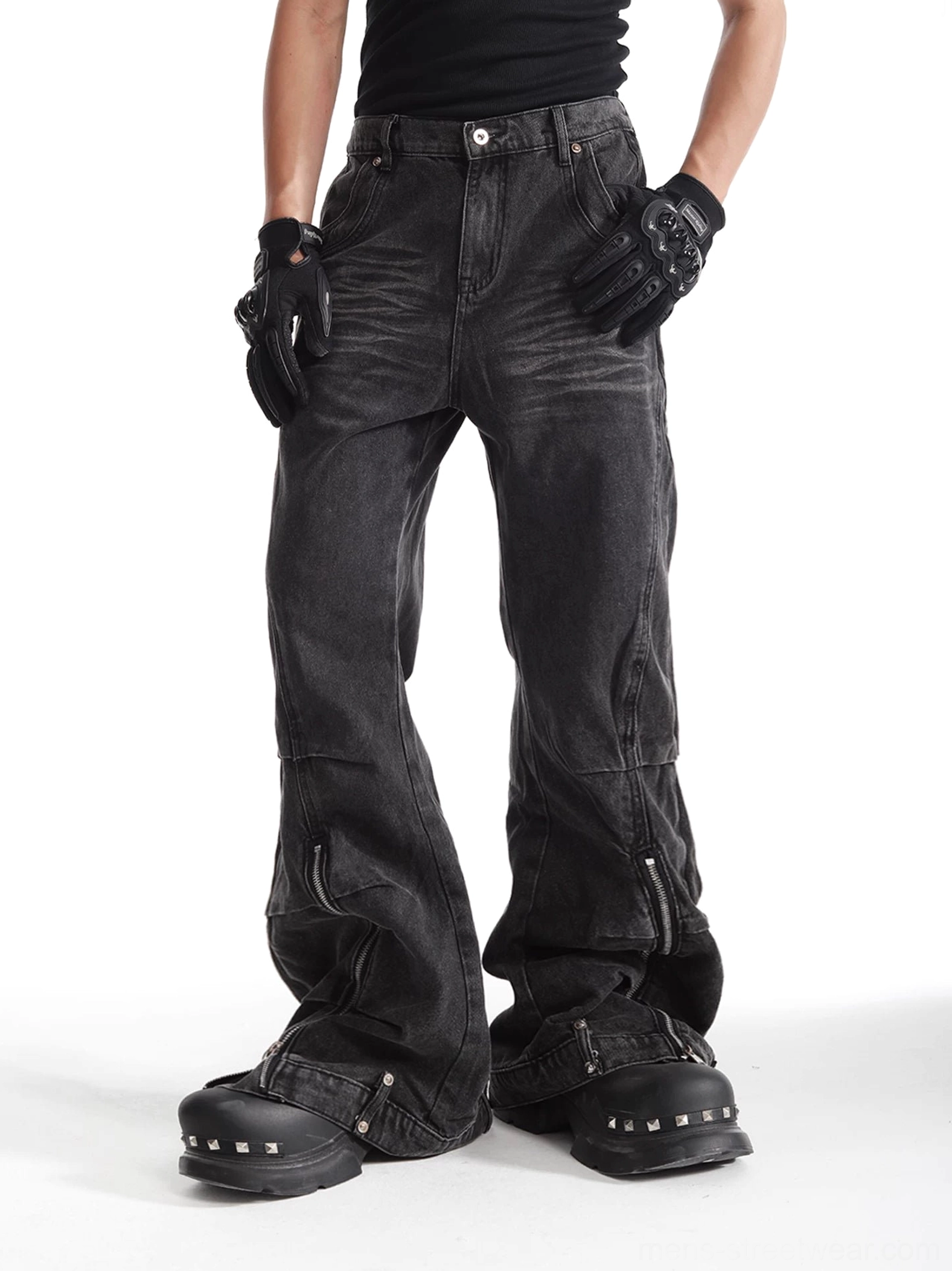 Right side view of black grey washed zip flare denim jeans with distressed fading, classic pockets, and adjustable leg zipper