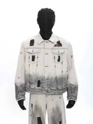 Ashfall distressed gradient denim jacket front view with button closure flap chest pockets and destroyed patch details