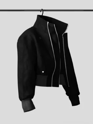 Left three quarter view of black cropped bomber jacket with relaxed fit, ribbed stand collar, silver zipper, snap pockets, and urban streetwear styling