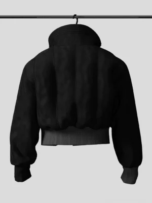 Rear view of black cropped bomber jacket showing padded quilted back panels, drop shoulders, ribbed cuffs, and elastic cropped hem