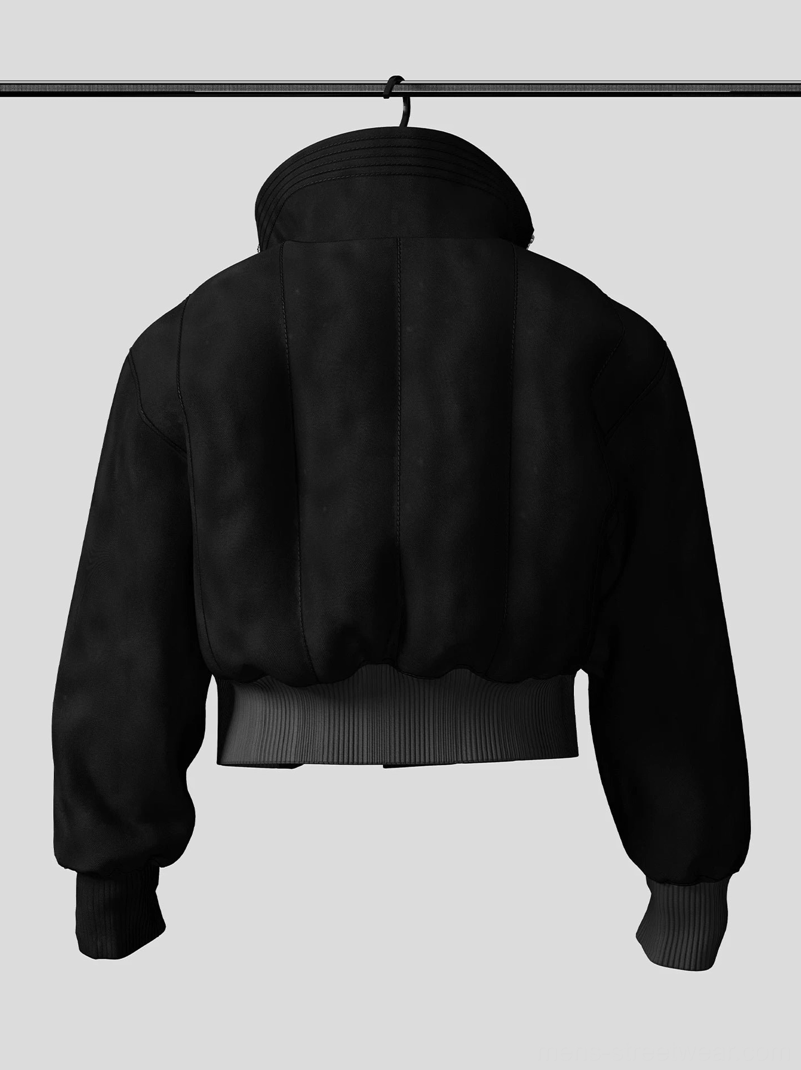 Rear view of black cropped bomber jacket showing padded quilted back panels, drop shoulders, ribbed cuffs, and elastic cropped hem