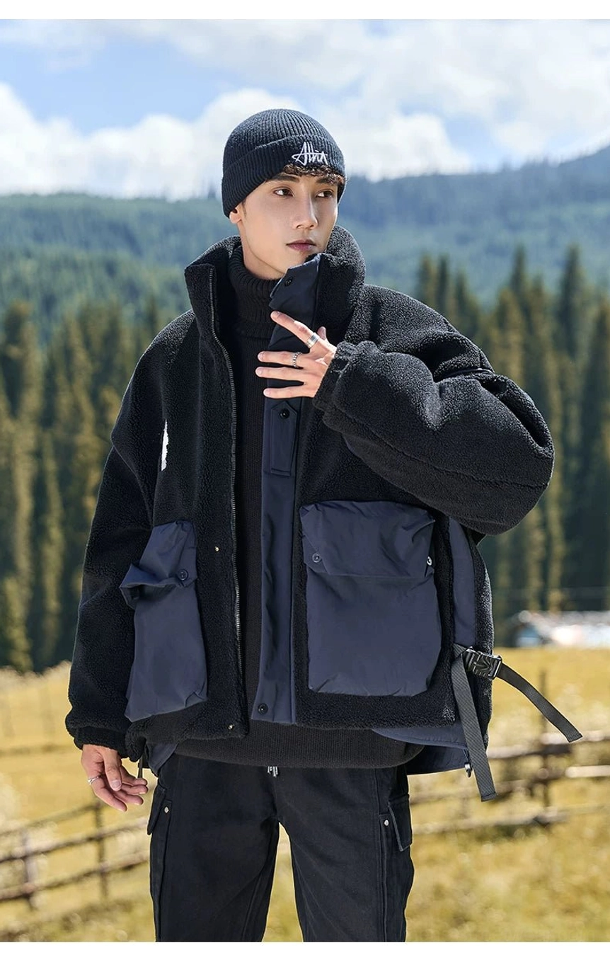 Modern Asian streetwear sherpa jacket with a high stand collar, roomy fit, and expedition-inspired utility aesthetic