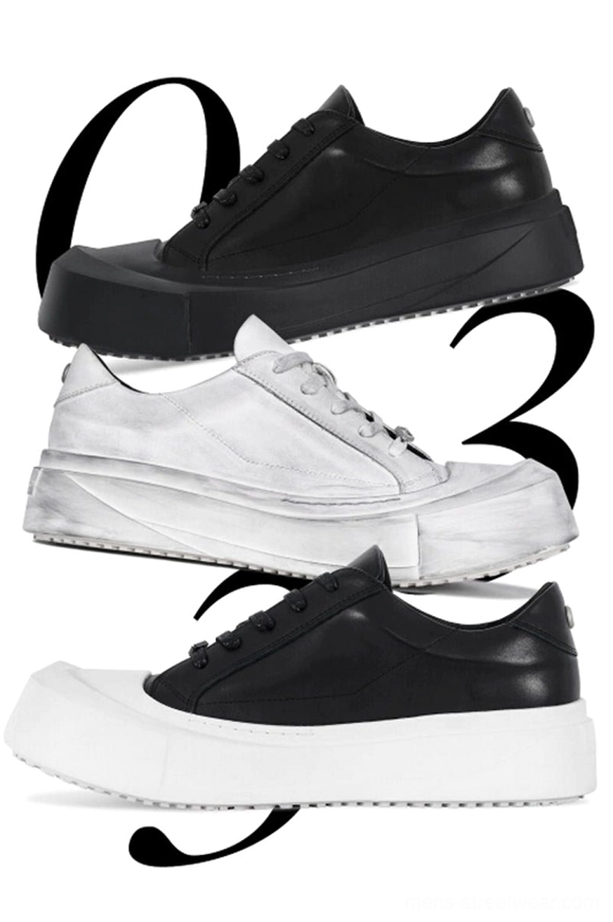 Assorted leather toe cap platform sneakers showing glossy black, distressed off-white, and black-and-white streetwear colorways