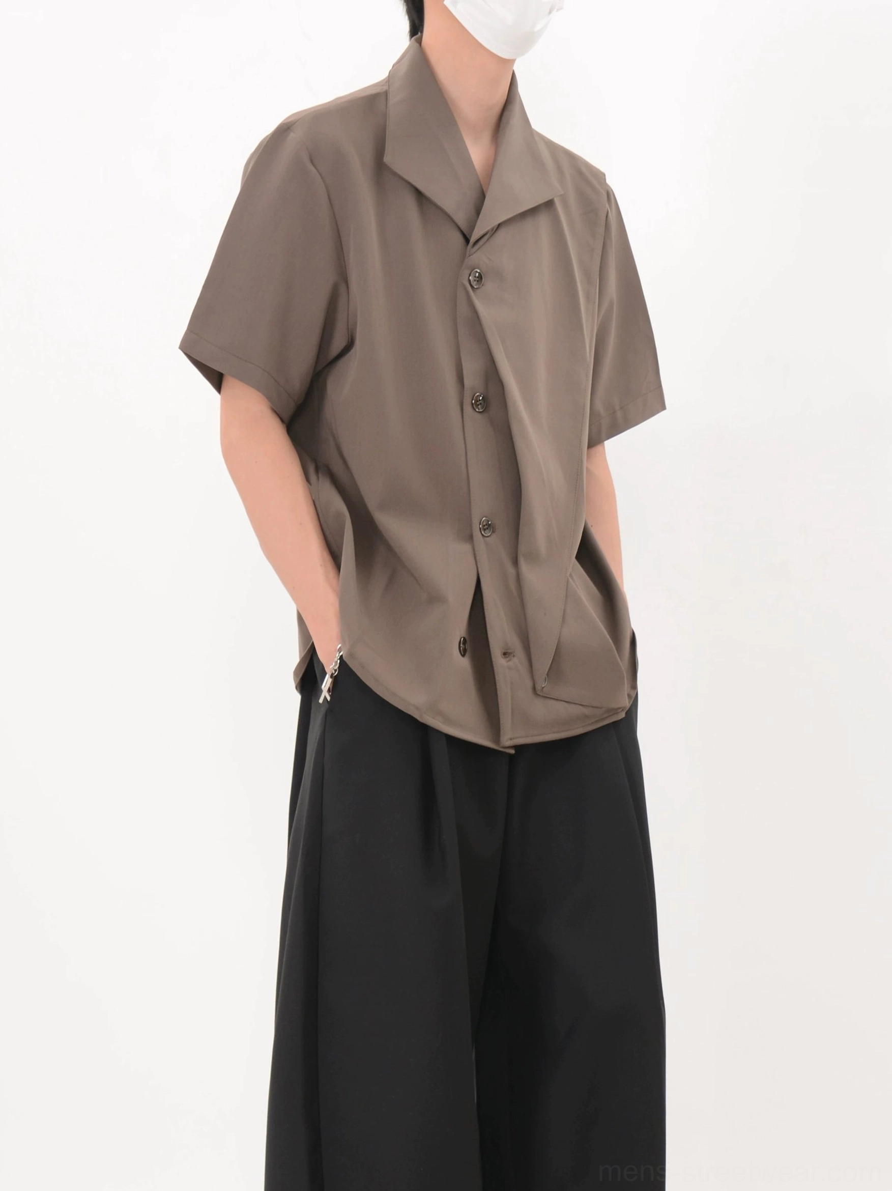 Asymmetric cascade short sleeve shirt in coffee brown and black modern streetwear outfit view