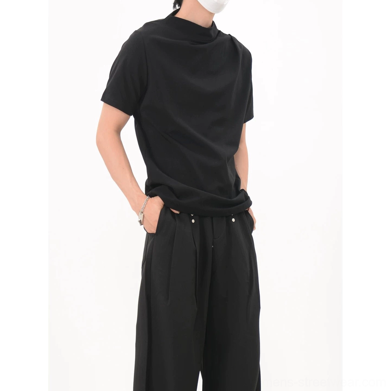 Black asymmetric drape collar jersey tee minimalist streetwear product image