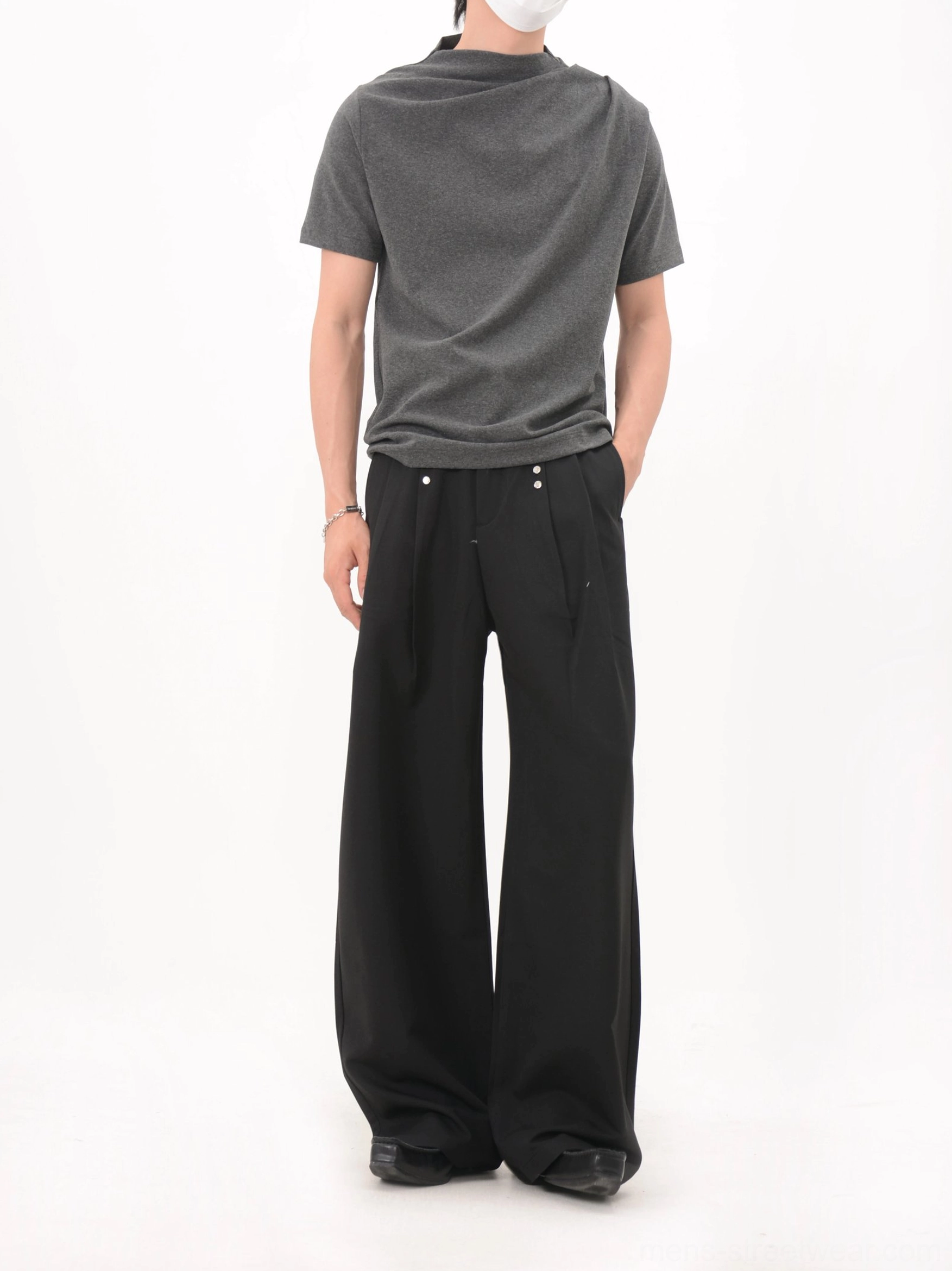 Heather gray drape collar jersey tee back full body view showing relaxed minimalist fit