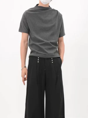 Heather gray asymmetric drape collar jersey tee front full body view with black wide leg trousers