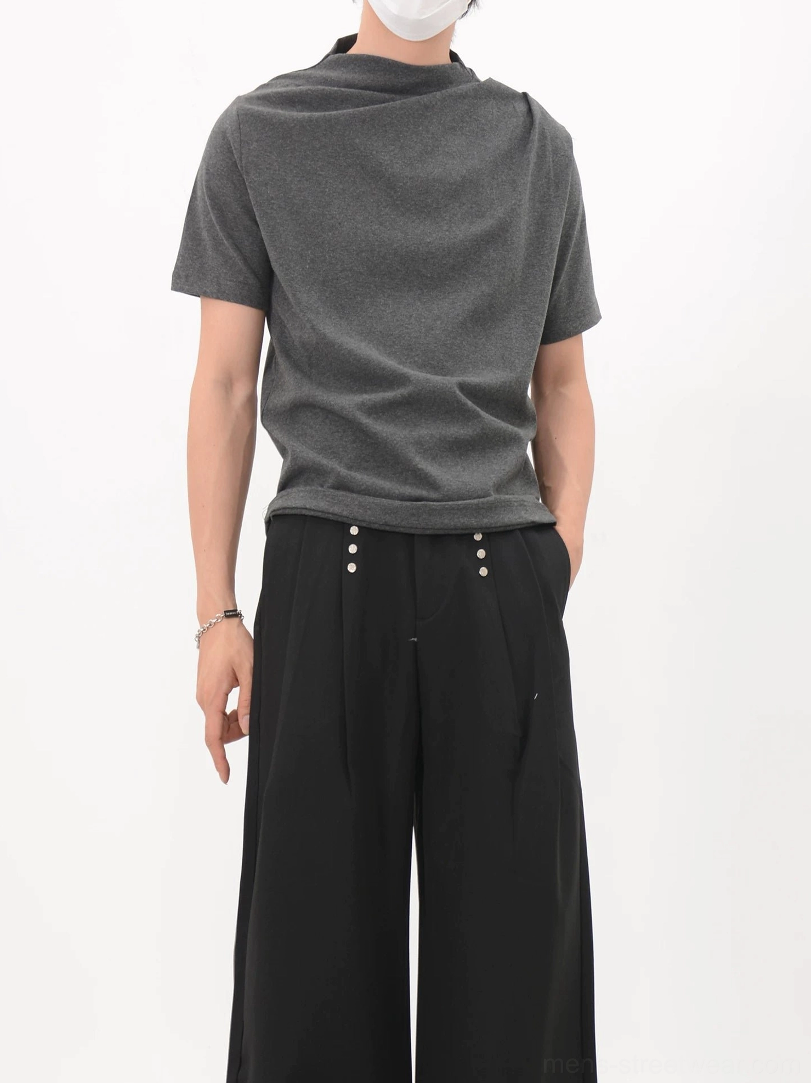 Heather gray asymmetric drape collar jersey tee front full body view with black wide leg trousers