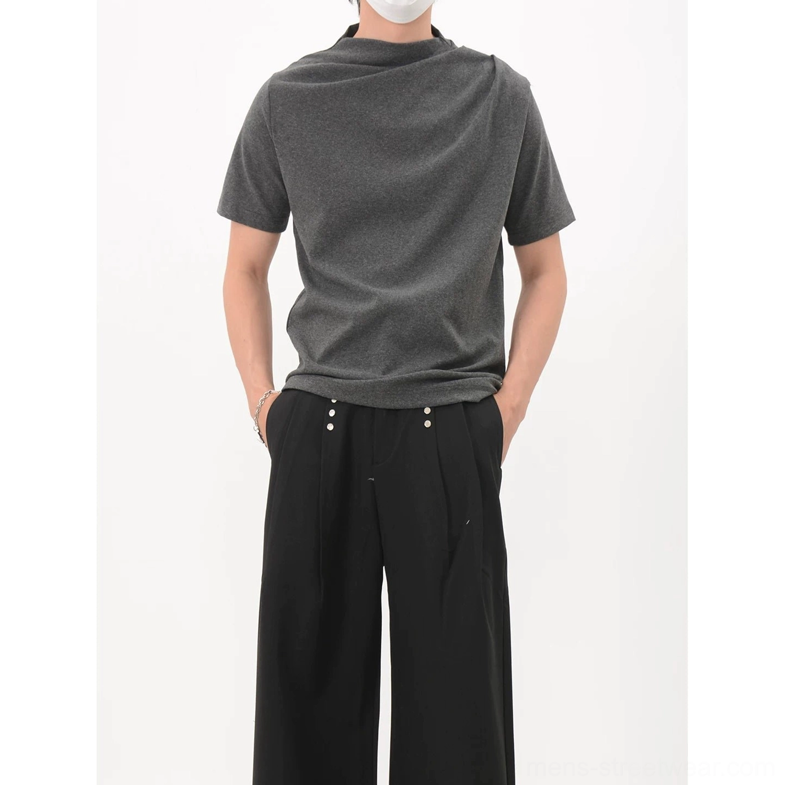 Gray asymmetric drape collar jersey tee lightweight Seoul inspired streetwear product image