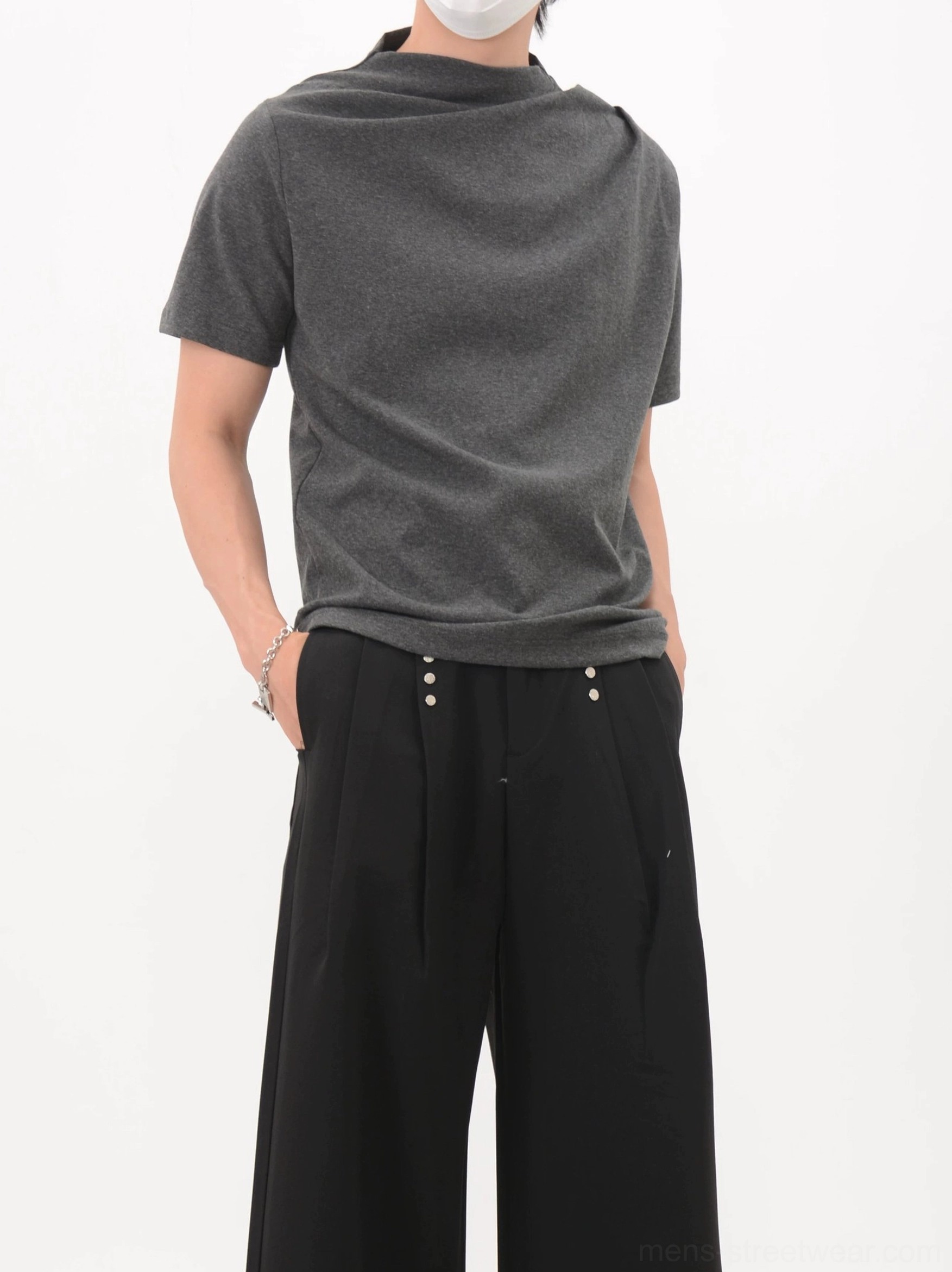 Heather gray asymmetric draped neckline jersey tee three quarter view in Seoul inspired streetwear outfit
