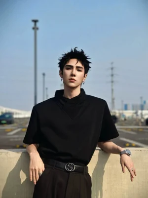 Black asymmetric mock neck T-shirt with origami folded collar, relaxed Korean streetwear silhouette, and minimalist Seoul techwear styling