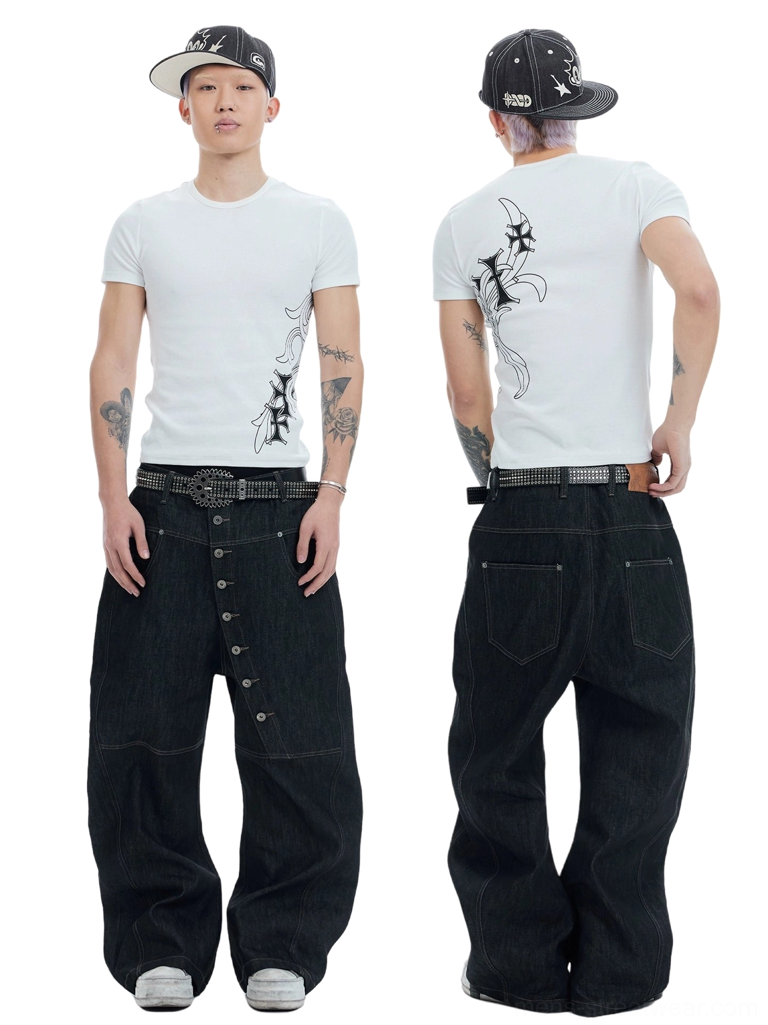 Front and rear view of asymmetric wide-leg denim jeans with contrast stitching and classic five-pocket streetwear design