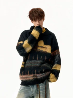 Side view of a relaxed oversized fuzzy knit streetwear sweater with half-zip polo collar and multicolor vintage pattern