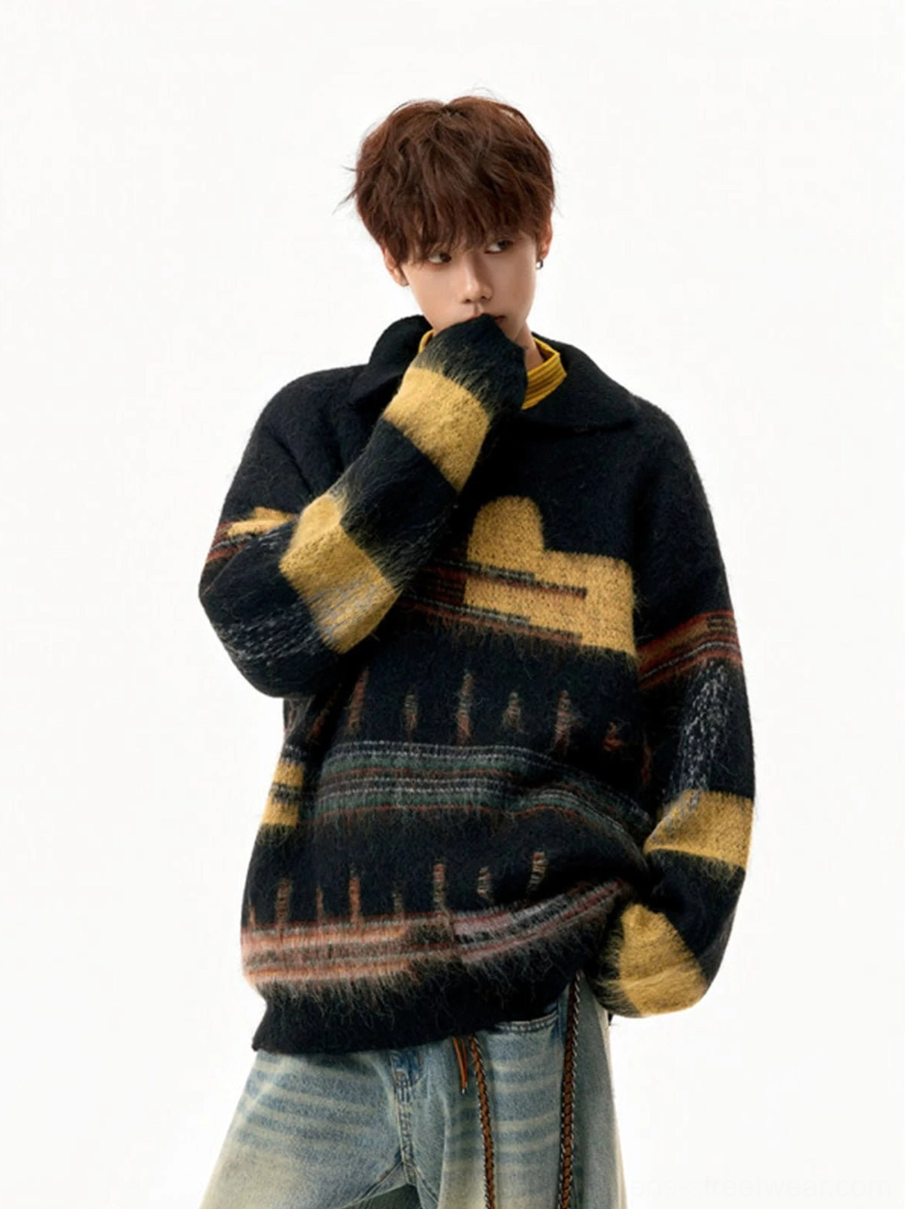 Side view of a relaxed oversized fuzzy knit streetwear sweater with half-zip polo collar and multicolor vintage pattern