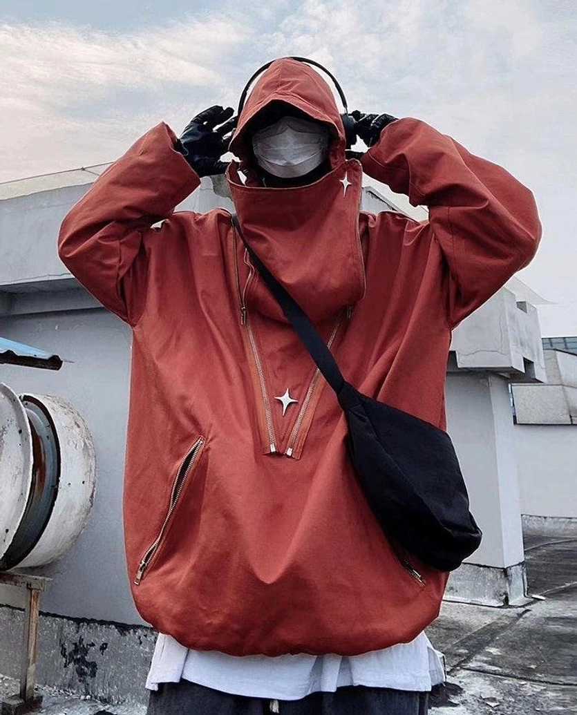 Avant-garde tactical outerwear jacket with attached hood, drop shoulder construction, adjustable hem, and urban styling