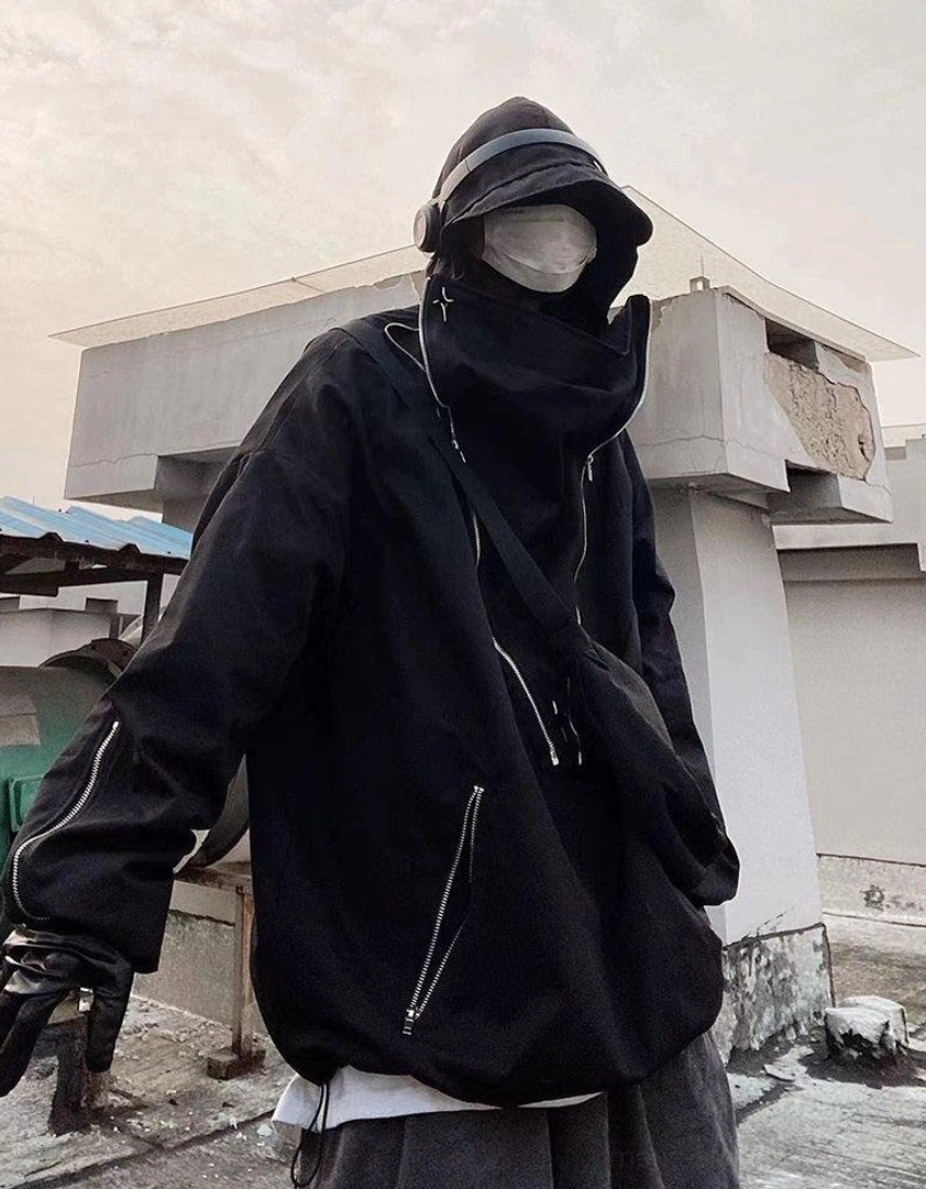 Avant-garde urban jacket with oversized proportions, tactical zipper construction, hood, and adjustable streetwear hem