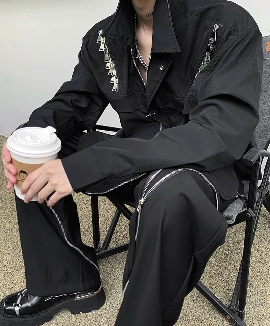Avant-garde zip-cascade shirt jacket with structured woven fabric and contemporary harness details
