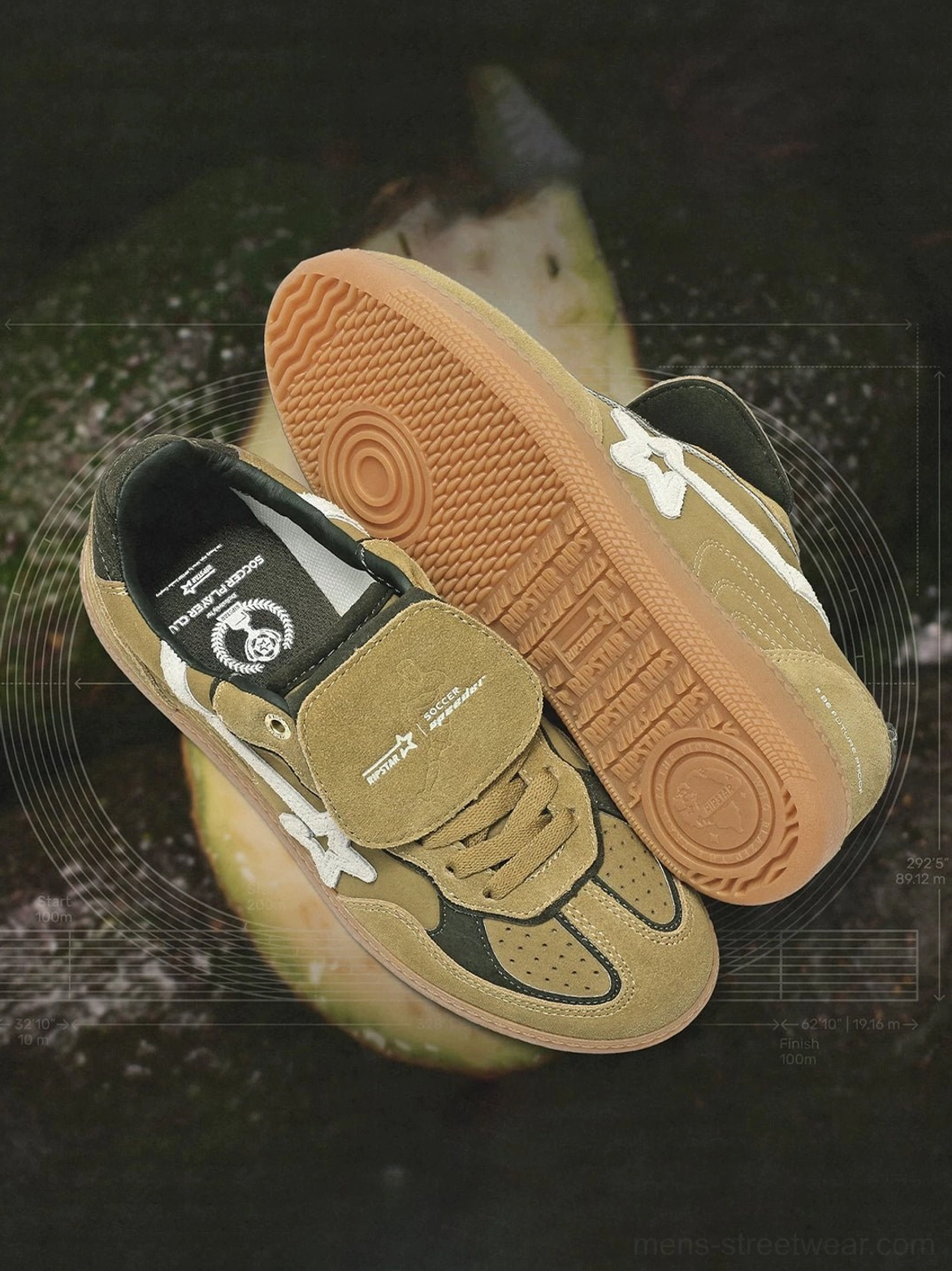 Avocado retro suede sneakers photographed from above showing the gum rubber traction outsole, branded insole, and detachable tongue patch