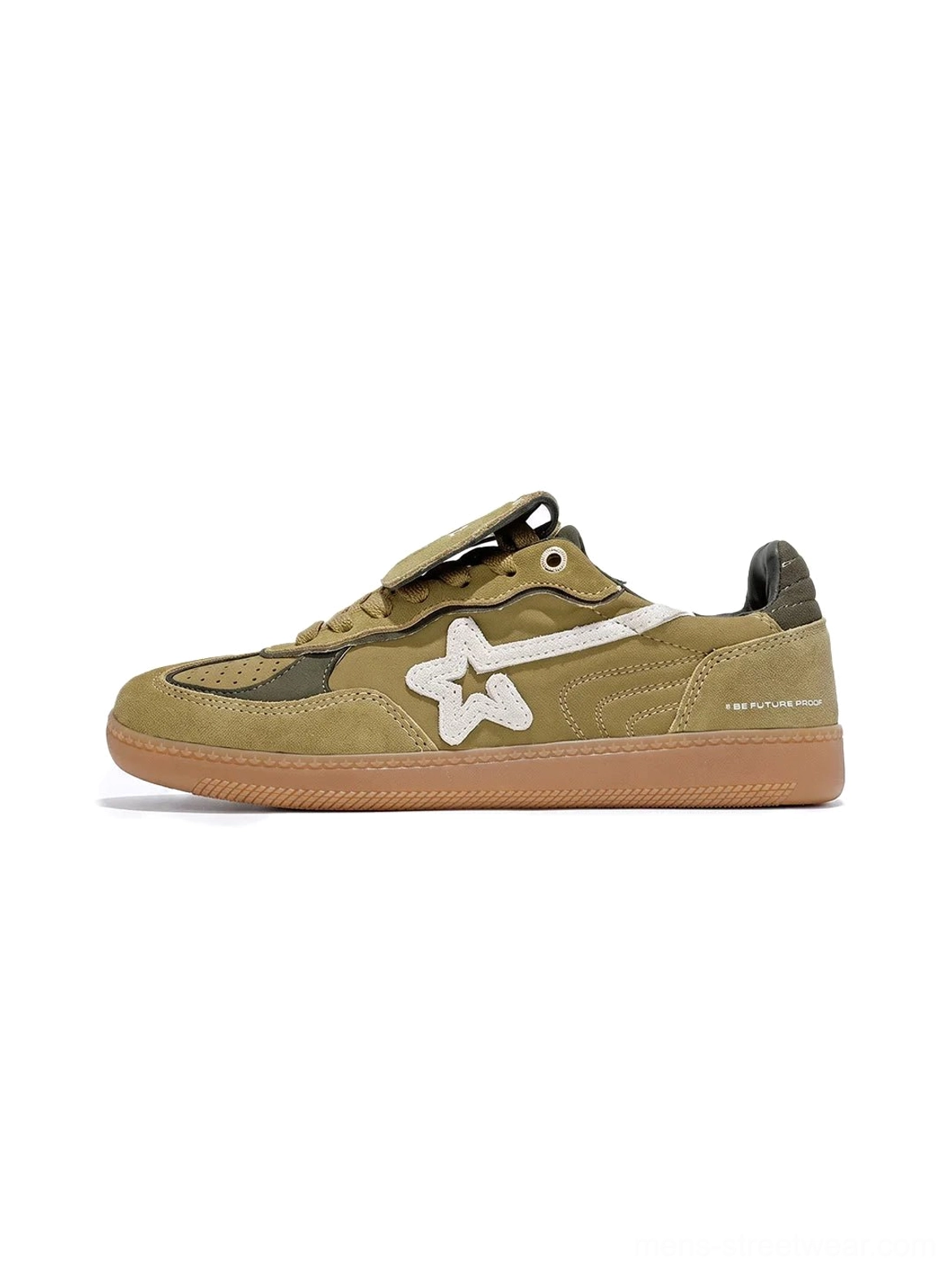 Avocado olive suede star-panel retro sneakers shown from the left side with dark green color blocking, white hollow star detail, and gum rubber outsole
