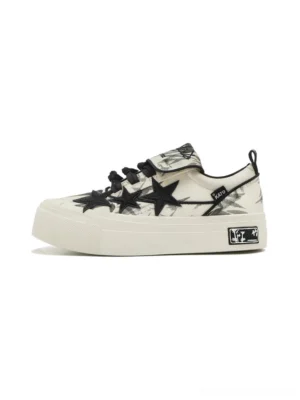 Bamboo star ink wash canvas platform sneaker in off-white with black bamboo artwork, star detail, and thick white rubber sole