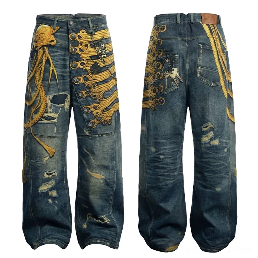 Flat lay front and back view of baroque military embroidered distressed wide-leg jeans with vintage dark wash and ripped details